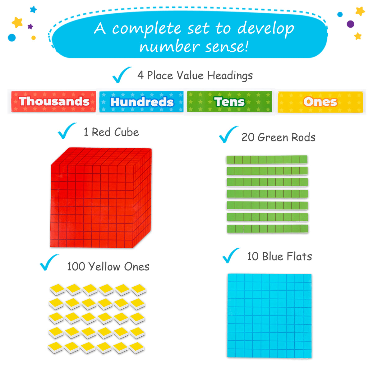 Jumbo Colorful Magnetic Base Ten Blocks + Headings 131+4 PCS