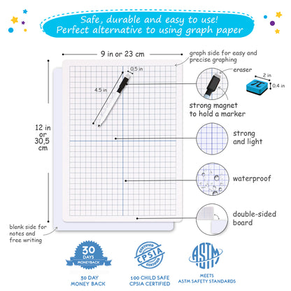 12 Pack Double-Sided Dry Erase Graph Lap Boards - Class Set of Individual Classroom Whiteboards for Children
