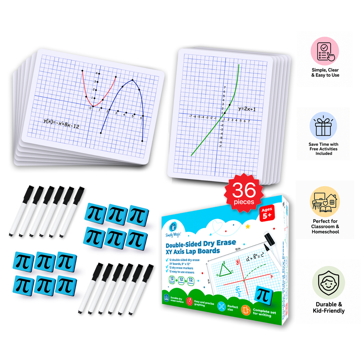 12 Pack Double-Sided Dry Erase Graph Lap Boards - Class Set of Individual Classroom Whiteboards for Children
