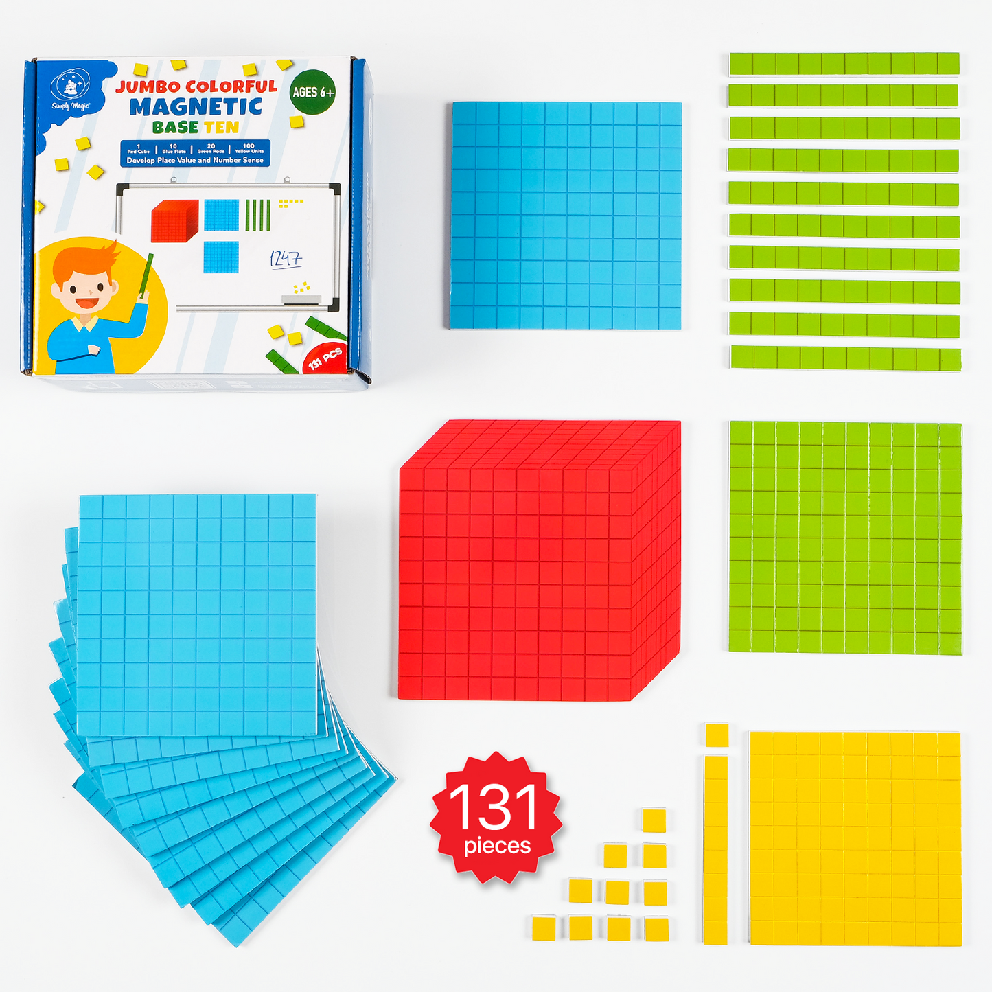 Jumbo Colorful Magnetic Base Ten Blocks for Math - 131 PCS Set