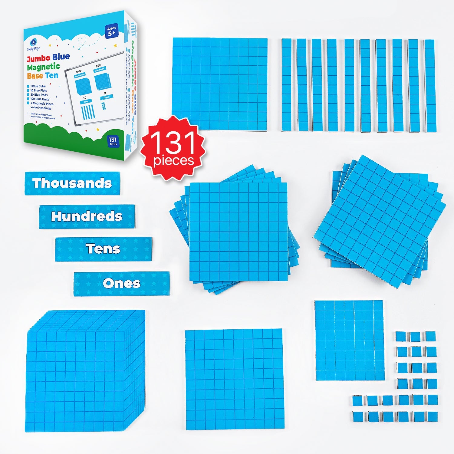 Jumbo Blue Magnetic Base Ten Blocks + Headings - 135 PCS Set – Simply Magic
