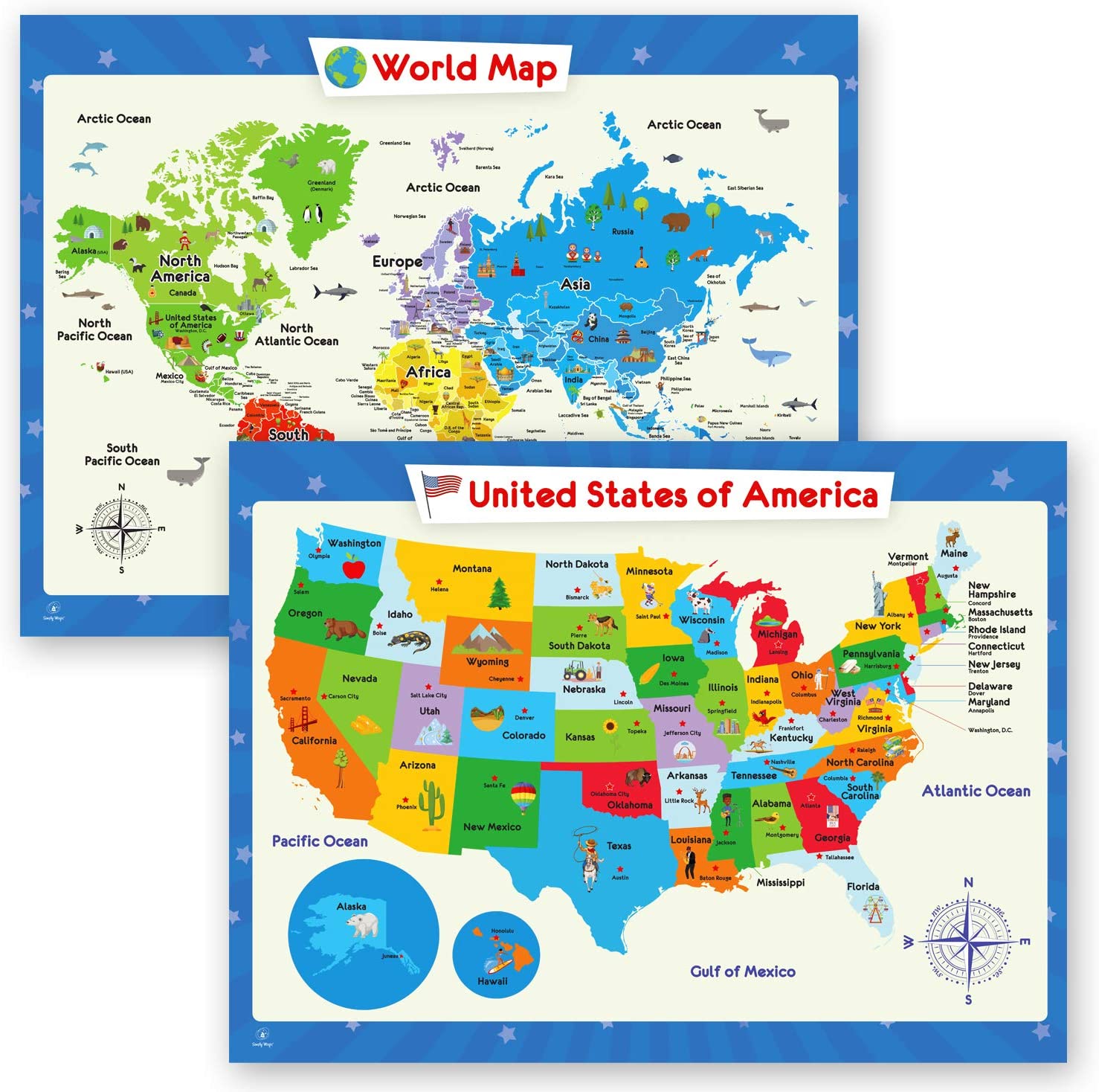 2-Pack - World Map and United States Map