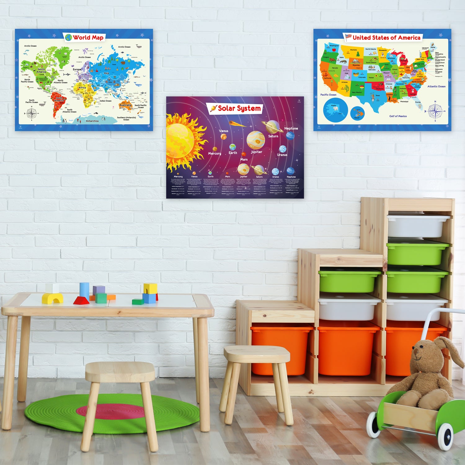 3-Pack - Solar System Poster, World Map and United States Map - Laminated