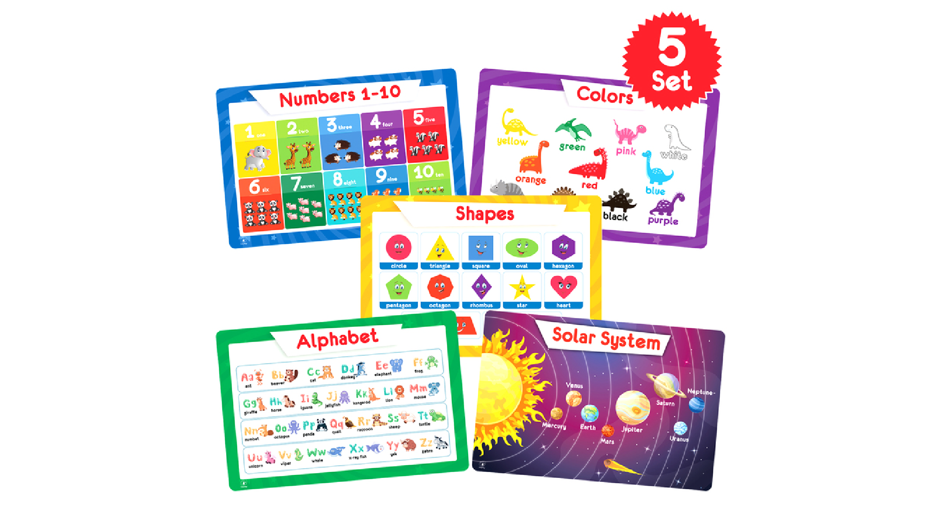 5 Educational Placemats - Alphabet, Shapes, Colors, Numbers, Solar System