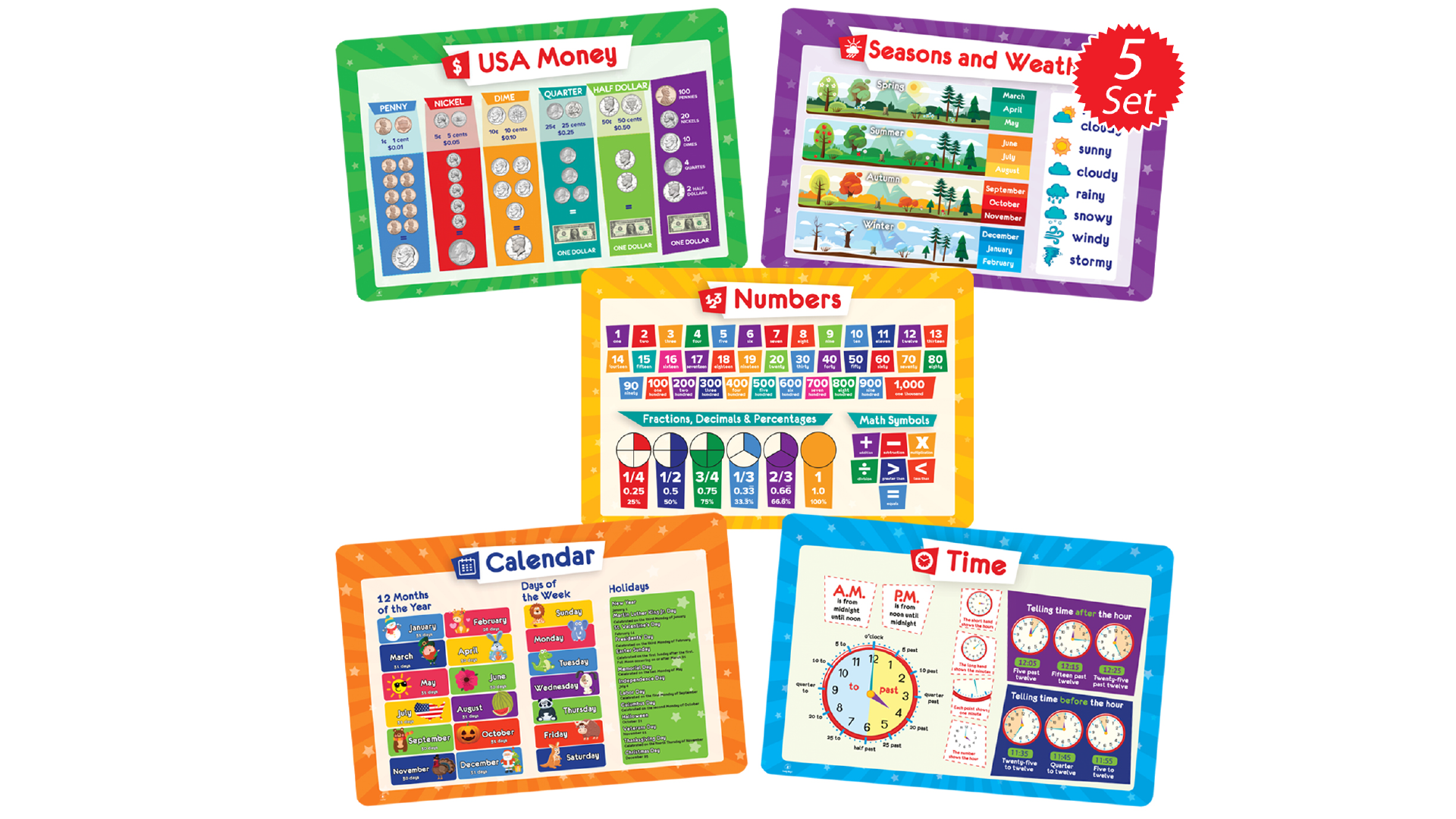 5 Educational Placemats -  USA Money, Numbers, Weather and Seasons, Calendar, Time