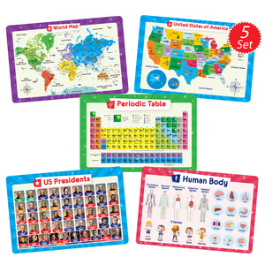 5 Educational Placemats -  United States Map, World Map, Periodic Table of Elements, US Presidents and Human Body